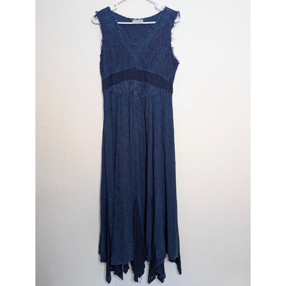 Encounter Blue Textured Lace Trimmed‎ Midi Dress One Size Boho Renaissance Fairy